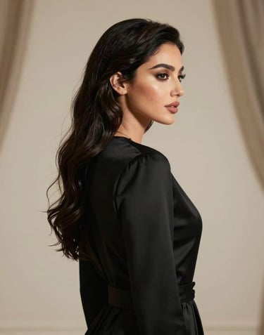 A professional portrait of a woman in elegant, modern attire, focusing on her silhouette against a soft-lit, luxurious studio backdrop in the Middle Eastern / Gulf region. The mood is feminine, high-end, and artistic.