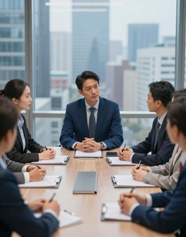 A medium shot of a diverse group of professionals in a boardroom engaged in focused discussion. The background is a blurred cityscape through large windows. The lighting is cool and natural. The professional attire includes brand colors like #2B4E6B. Focus on collaboration.