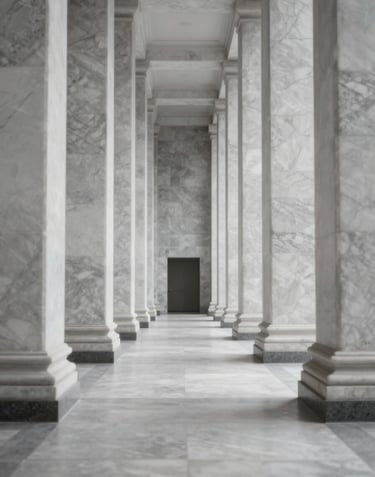 A striking perspective shot of marble pillars and a clean stone floor of a modern institutional hall. The composition leads the eye upward, representing growth and renewal. Colors include #94A7B7 and highlights of #F4F7FA.
