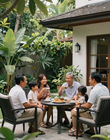 A heartwarming, candid photo of a happy Southeast Asian / Indonesian family enjoying tea in a sun-drenched, green courtyard garden of a modern home. Elegant garden furniture, calm atmosphere, vibrant forest green plants.