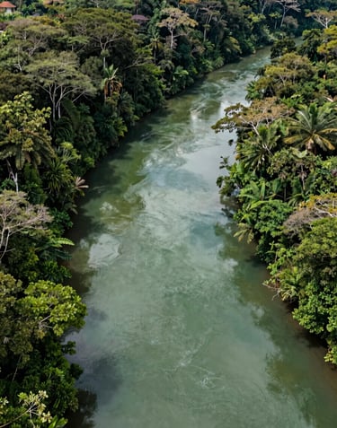 A majestic aerial view of a winding river through the South American / Colombian jungle of Catatumbo, with clear waters reflecting the Sage Green and Dark Forest Green of the surrounding ancient trees.