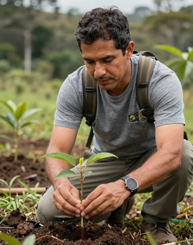 A professional environmentalist in a South American / Colombian field setting, examining young tree saplings as part of a reforestation project. Soft, professional lighting showcasing the hopeful professionalism of the organization.