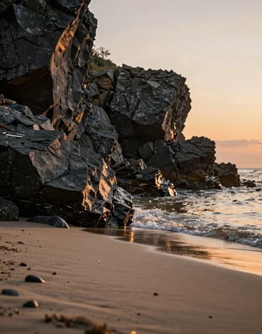 Low angle cinematic shot of jagged deep charcoal grey rocks against a soft sand beach at golden hour, warm orange light reflecting off the water's edge.