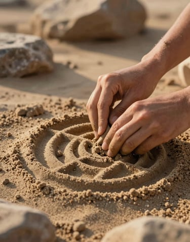 A candid, close-up photograph of a pair of hands gently sculpting wet Soft Sand into an intricate geometric pattern. The lighting is the warm, golden glow of a late afternoon sun, with Muted Tan rocks blurred in the background.