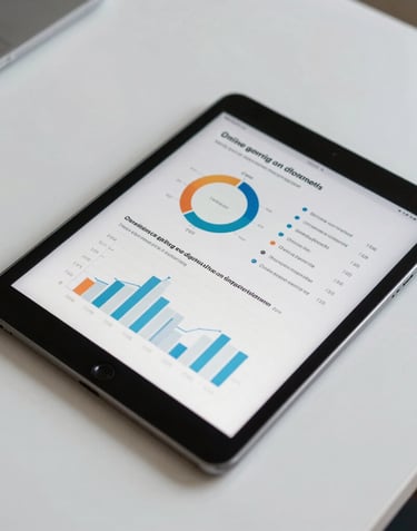 A beautifully framed overhead photograph of a sleek tablet resting on a white minimalist desk, displaying academic research charts about online grooming and digital threats. Professional and highly organized aesthetic.