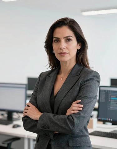 A high-end professional portrait of a female Mexican computer systems engineer in her mid-30s, looking confidently at the camera in a bright, modern, minimalist workspace in Mexico City, dressed in a sleek charcoal blazer, with a bright white background, conveying authority, academic rigor, and digital rights leadership.