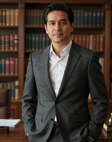 An elegant portrait of a 37-year-old South American businessman in a charcoal suit, standing in a refined office library. The lighting is soft and cinematic, highlighting an atmosphere of authority and human warmth.