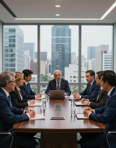 Wide shot of a sophisticated boardroom meeting in a skyscraper, South American business leaders in deep blue suits, large glass windows with a blurred city backdrop, Forbes-style lighting.