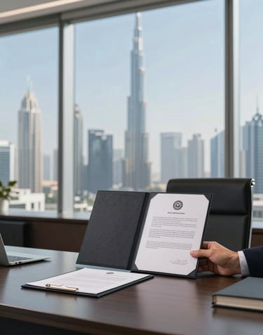 A professional business setting in a high-end Dubai office with a panoramic view of the skyline. The focus is on a formal agreement on a desk, projecting trust and market experience.