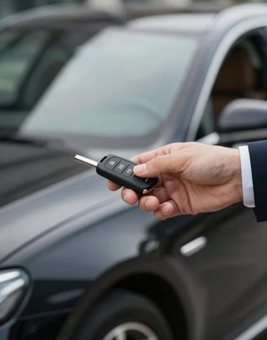 A close-up of a premium car key being handed over between professionals, shallow depth of field with a blurred luxury car interior in the background, sophisticated and trustworthy vibe.