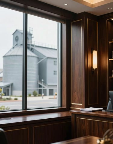 Executive office interior with dark wood and gold accents, large window showing a blurry view of a modern grain elevator, sophisticated and formal atmosphere.