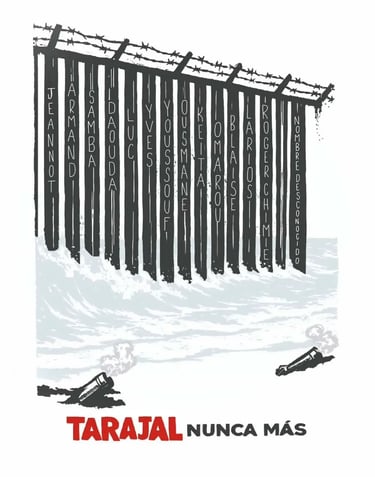 Illustration of the Tarajal border fence over ocean waves with names of victims for human rights awareness.