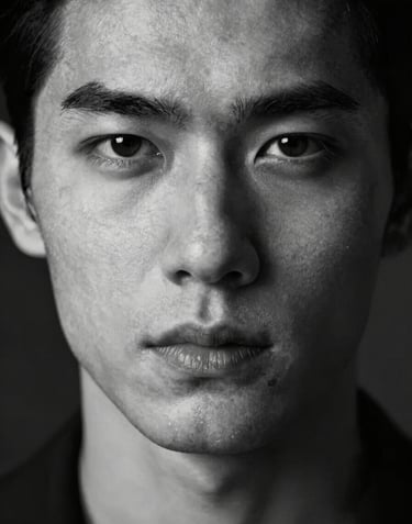A cinematic close-up headshot of a male model with a strong jawline and intense gaze. Shot in black and white style with deep charcoal black shadows and soft off-white highlights on the skin.