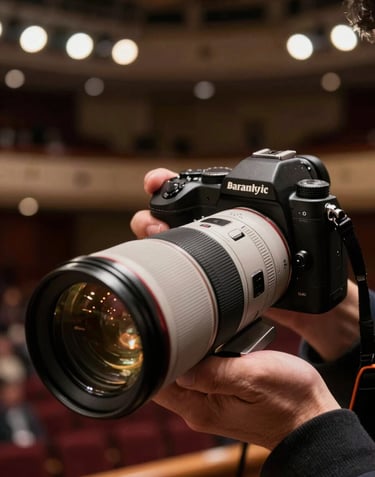 A close-up photograph of a professional camera with a telephoto lens, held by a photographer in a dark Western European concert venue, stage lights reflecting off the lens, elegant and artistic style.