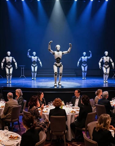 A wide shot of a luxury dinner theatre in Las Vegas. Guests are seated at elegant tables while advanced, graceful robots perform on a central stage with dramatic blue lighting.