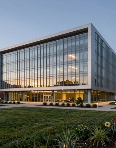Exterior shot of a modern, professional corporate headquarters in Lenexa, Kansas, featuring glass architecture and a manicured North American landscape at dusk.