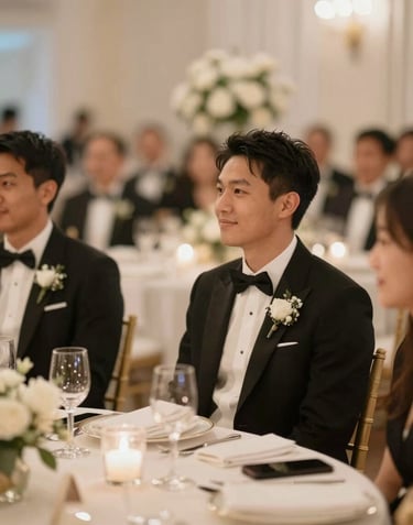 A high-quality event photograph capturing a candid, storytelling moment at a wedding reception. Elegant bokeh, warm #F7F5F0 lighting, and sophisticated black-tie details.