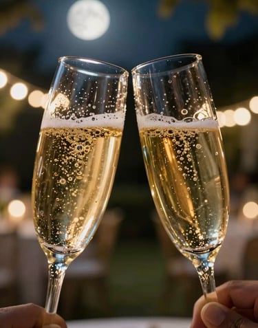Macro shot of two champagne glasses clinking. Golden bubbles sparkle under soft moonlight. In the blurred background, a garden party glows with hundreds of fairy lights.