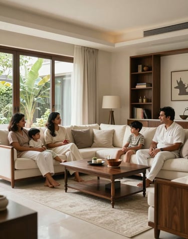 An elegant family of South Asian / Indian descent relaxing in a spacious, sunlit living room of a premium Bangalore residence, styled with soft off-white fabrics and dark wood accents.