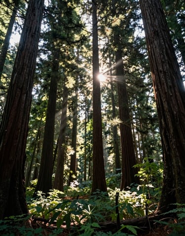 Cinematic wide shot of an old-growth forest in the North American West, sunlight rays breaking through thick trunks of Douglas firs, lush ground cover, serene and modern photography style.