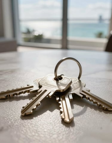 Close-up photography of a set of keys on an elegant leather surface inside a luxury apartment, with soft sunlight and a blurred view of the Miami bay behind.
