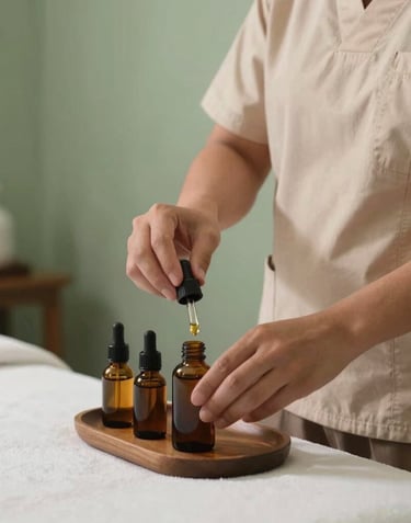 A skilled spa therapist in clean light beige uniform carefully preparing organic massage oils in a quiet treatment sanctuary in Bandung, West Java / Indonesia with muted sage green accents.