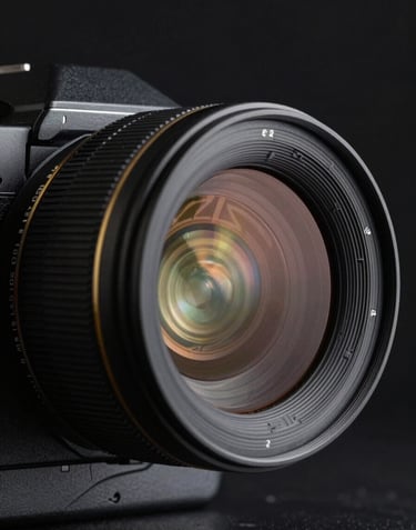 A minimalist, artistic close-up of a high-end cinema camera lens focusing on a reflection of a traditional Angolana cultural pattern. The camera is charcoal grey #4C4C4C with subtle golden #B89F6B details on the rings, set against a deep black #0A0A0A background.