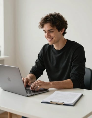 Photography of a professional web designer working at a minimalist desk with a sleek laptop in a bright North American / US home office. Mood is friendly and focused. Palette consists of deep black, soft off-white, and charcoal.