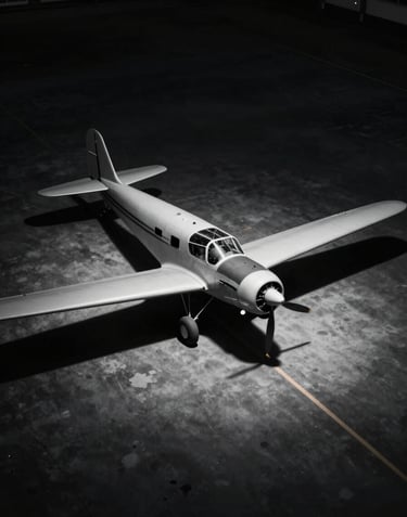 An overhead view of a vintage propeller plane on a dark tarmac, lit by a single spotlight to emphasize its silhouette. Sophisticated atmosphere with #1C2833 shadows and #F8F8F8 highlights.