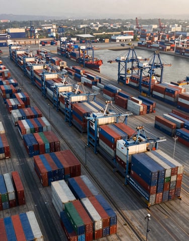 An aerial panoramic view of a massive international shipping port in India during the morning golden hour. Hundreds of containers stacked neatly, representing elite logistics.