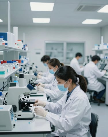 Wide shot of a modern, organized Brazilian biotechnology laboratory. Scientists in white coats are working with precision instruments. The atmosphere is professional, clinical, and high-tech.