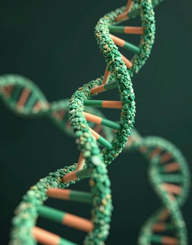 A sophisticated 3D abstract visualization of a DNA strand or molecular sequence, rendered in forest green and soft orange light against a deep background. Professional and technological.