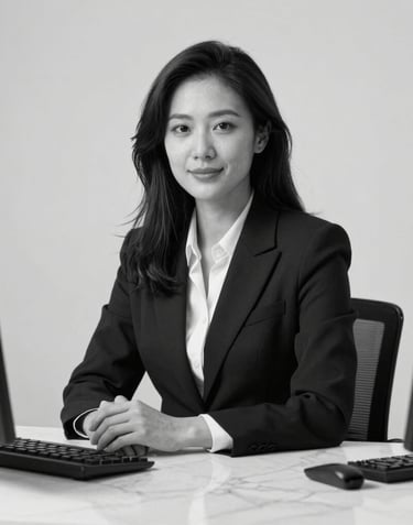 A sophisticated black and white portrait of a professional workplace setting with clean marble surfaces and minimal decor.