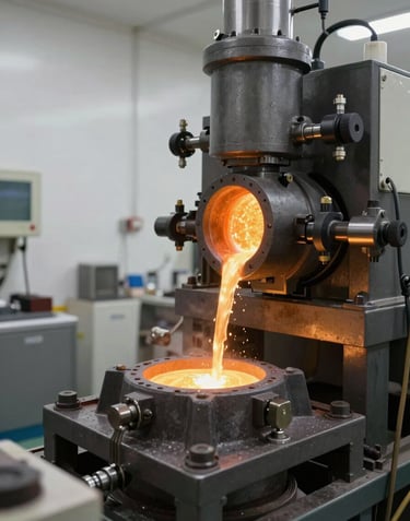 Industrial photography of a high-tech gold refinery in Bahrain. A state-of-the-art facility where molten gold is poured into molds, featuring clean white walls and charcoal industrial machinery.