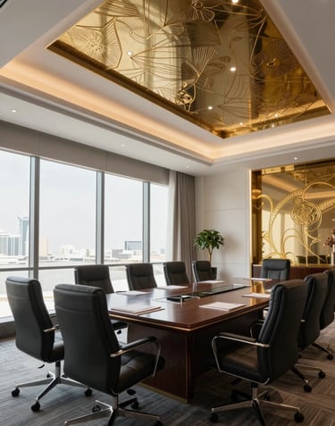 A wide-angle interior photograph of a luxurious corporate boardroom in Manama, Bahrain. Large windows, white walls, and elegant charcoal and gold decorative elements.