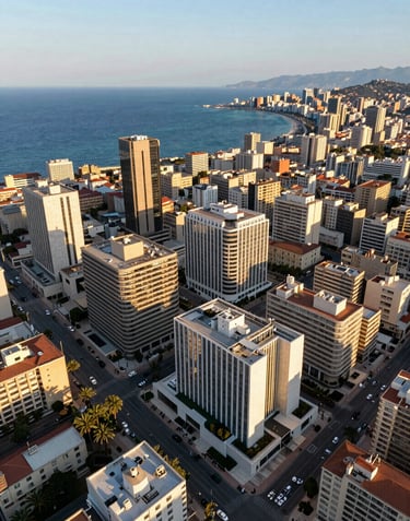 A bird's-eye view of a coastal Mediterranean city with modern infrastructure and upscale architecture. The lighting is golden hour, casting long shadows. Clean, high-value, professional photography.