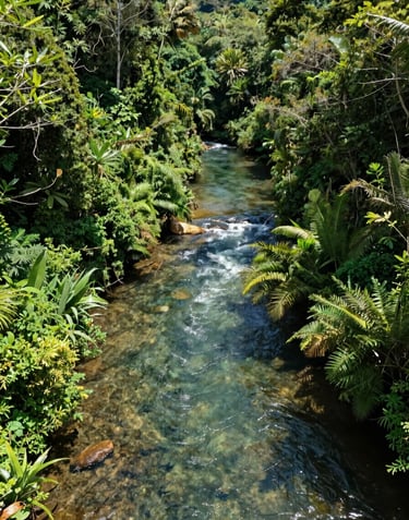 An overhead shot of a crystal-clear river winding through dense, vibrant agroforestry. Sunlight filters through the canopy. Brazilian nature for European expatriates, showing a mix of cultivated and wild greenery.