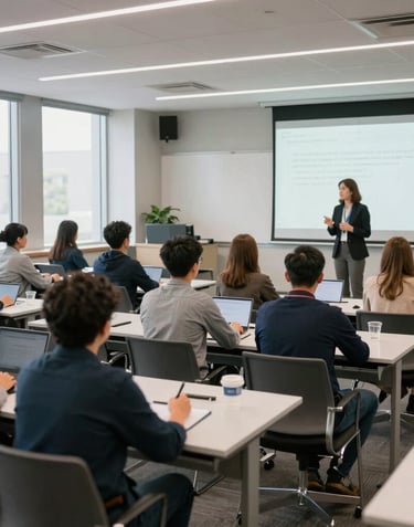 A bright educational seminar room where diverse professionals are engaged in a learning workshop. Modern technology and structured, clean North American / US interior design.