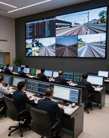 The interior of a high-tech railway traffic control center in Türkiye, with large digital monitoring screens and professional operators working in a clean environment.