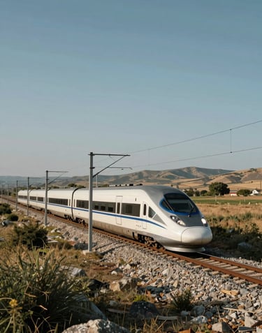 A wide-angle landscape shot in Türkiye featuring a modern high-speed train traveling through the Anatolian countryside under a clear sky, dynamic motion feel.