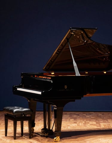 A sleek, black grand piano on a stage in a high-end jazz club. The lighting is focused and warm gold, contrasting with a deep navy blue background. Middle Eastern luxury aesthetic.
