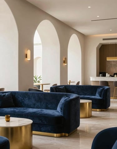 An interior shot of a luxury hotel lounge with minimalist Gulf architecture, velvet seating in navy, and golden accents. A high-end, serene atmosphere for discerning guests.