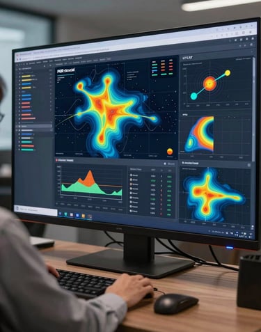 A high-tech executive dashboard on a large screen displaying PGR, eSocial and LTCAT analytics with heat maps and professional data visualization.