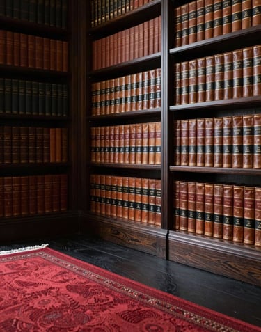 A sophisticated private library with tall shelves of leather-bound books. In the foreground, a crimson red rug adds warmth to the dark charcoal wooden flooring. Soft, ambient lighting.