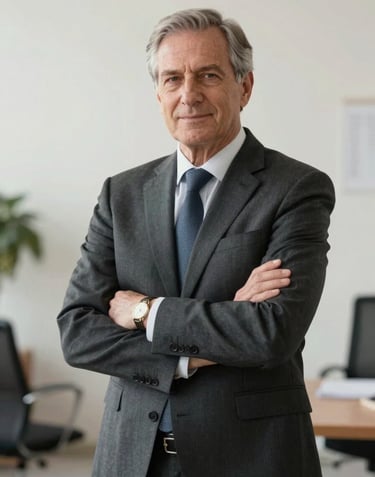 A professional portrait of a senior legal consultant in a dark charcoal suit, standing confidently with a soft, blurred office environment in the background. High-key lighting, soft off-white tones.