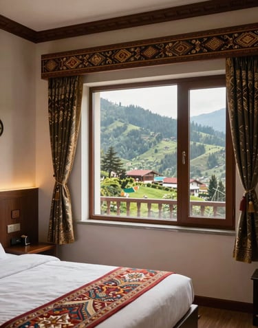 A comfortable and modern hotel room with traditional South Asian / Indian decor accents, featuring a window overlooking a peaceful mountain valley in Shimla.
