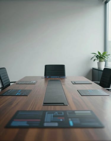 A professional and sophisticated portrait-style shot of a minimalist North American office setting, focusing on a high-end conference table with subtle reflections of digital interfaces in a purpose-driven atmosphere.
