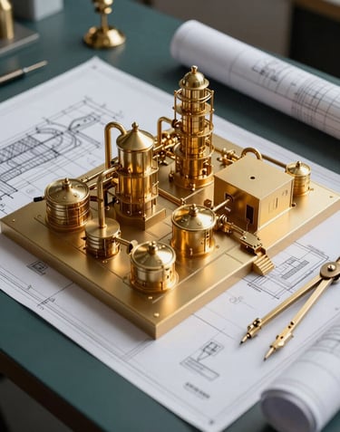 An overhead photograph of a modern industrial blueprint and architectural model of a gold refinery, laid out on a dark teal desk. Elegant gold drawing tools and a compass rest beside the plans in a professional Middle Eastern / Gulf setting.