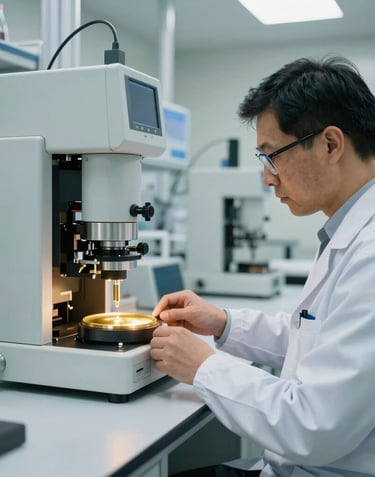 A photograph of a high-tech lab environment within a modern facility in Bahrain. A technician in professional attire, seen from the side, is monitoring high-precision equipment used for gold assaying and purity testing.