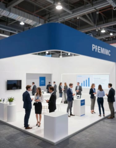 Wide angle of a busy trade show floor, premium minimalist custom-built exhibition stands, business professionals networking, bright high-key lighting mixed with industrial blue.